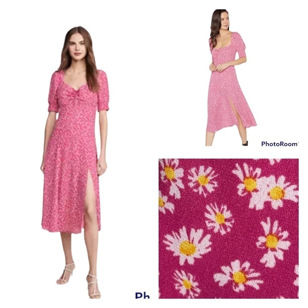 WAYF x Anthropologie Pink Daisy Puff Sleeve Midi Dress L | Spring Wedding Guest - Picture 6 of 13